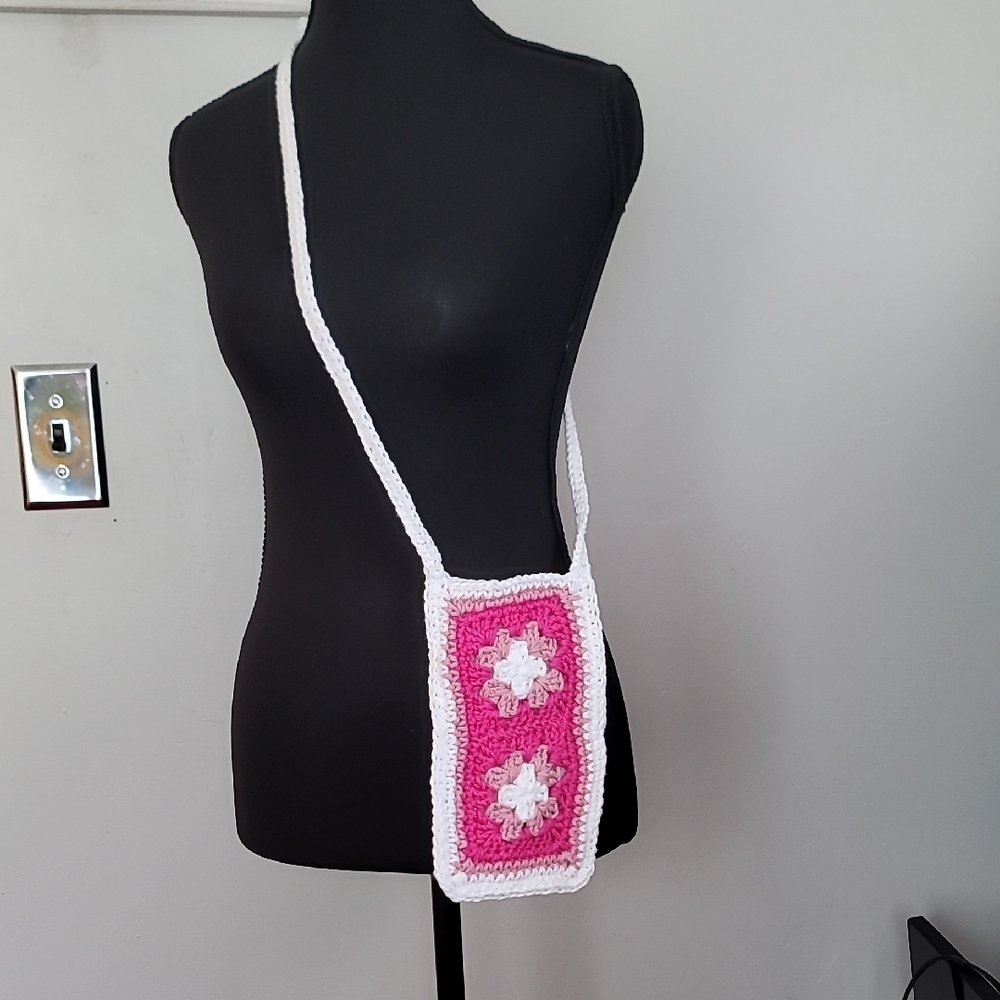 Hand Crafted  Pink and White Crochet Crossbody Cell Phone  Bag
